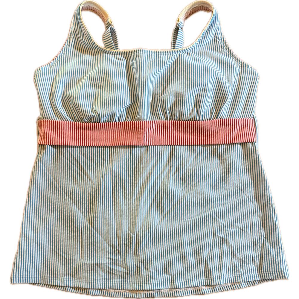 Lands' End Women’s Tankini Swim Top Blue & White Stripe Red Band 16DD